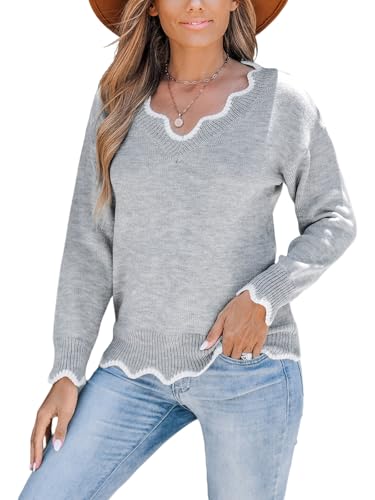 Image of CUPSHE Women Long Sleeve Scalloped Sweaters 2024 Trendy Casual V Neck Knit Pullover Jumper Tops