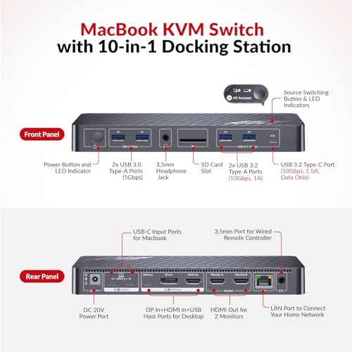 Image of AV Access KVM Switch Docking Station for MacBook Desktop PC, USB C KVM Switch 2 Monitors 2 Computers, 4K Dual HDMI Displays, Plug&Play, Ethernet, 100W Power Delivery, EDID Emulation