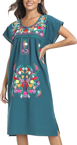 Image of YZXDORWJ Women Mexican Embroidered Long Dress Ruffle Collar Maxi Boho Floral Summer Short Sleeve