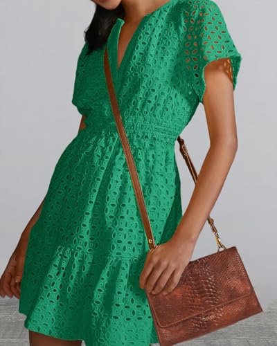 Image of Women Summer Short Sleeve Dress Hollow Out A Line V Neck Smocked Waist Ruffle Beach Mini Dresses