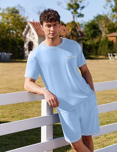 Image of Ekouaer Men's Pajamas Set Casual Short Sleeve Shirts and Shorts Soft 2 Piece Loungewear With Pockets