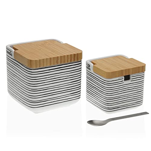 Versa Black Lines Set de Salero y Azucarero de Cerámica y Bambú, con Tapa de Madera y Cuchara de Metal, Medidas (Al x L x An) 11,2 x 11,7 x 11,8 cm, Cerámica y Madera, Color Negro y blanco