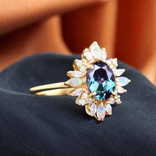 Vintage Alexandrite Engagement Ring 14k Yellow gold Handmade Diamond Jewelry Delicate Bridal Opal Halo Ring June Birthstone Chirstmas Gift for Her4