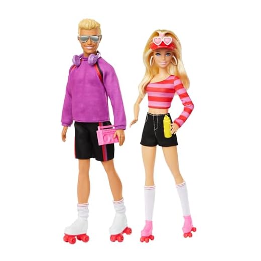 Barbie Fashionistas Barbie y Ken Patinadores, Pack muñeca y muñeco rubios con patines y accesorios de patinaje, colección 65º aniversario, juguete regalo para niños y niñas +3 años, HXK90