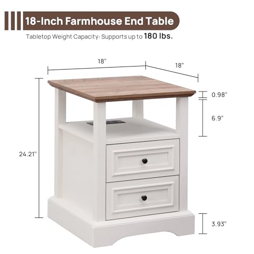 Image of ALBAD Farmhouse Nightstands with Charging Station,White & Wood Tabletop | End Tables with 2 Drawers, Open Shelf, USB Ports, Metal Knobs, for Rustic Bedroom Bedside, Living Room, Dorm