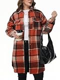 NIeyook Plus Size Plaid Shacket Women Long Flannel Jacket 2024 Fall Casual Shirts with Pockets Trendy Fashion Oversized Button down Coats Orange