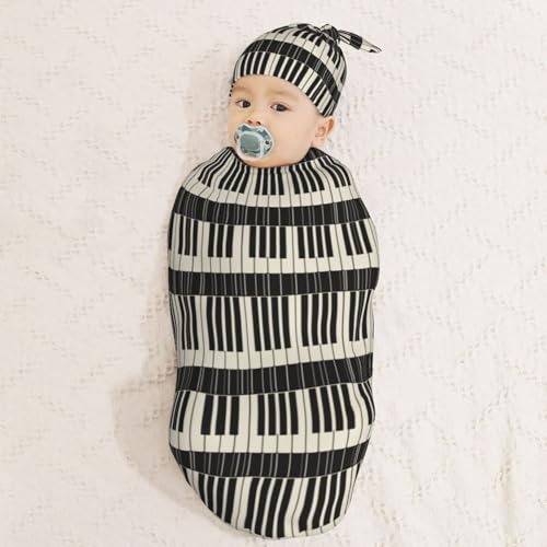 Image of Piano Keyboards with Black Background Newborn Swaddle Blankets Hat Sets Soft Baby Receiving Blanket Swaddle Sack for Baby Shower Infant Boy Girl Gift