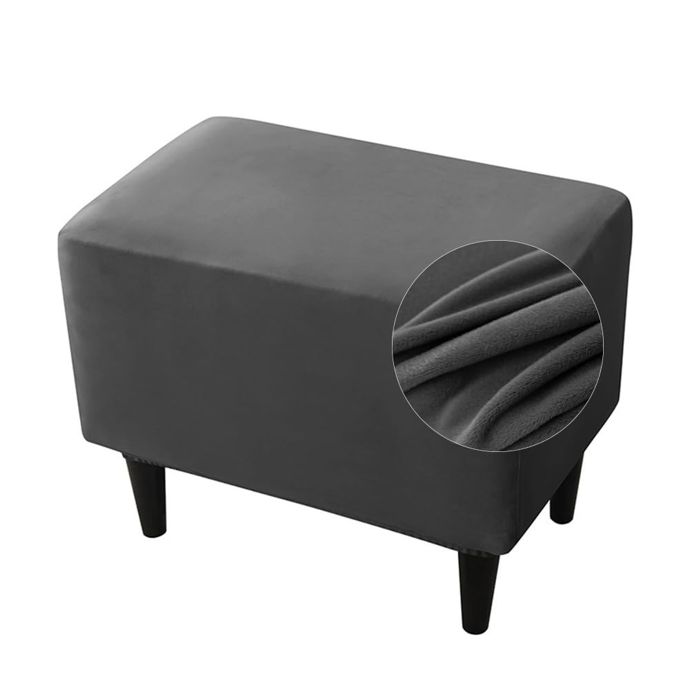 Highdi Footstool Cover Super Soft Velvet Ottoman Cover Stretch Solid Color Pouffe Cover Washable Rectangle Footrest Stool Slipcover with Elastic Bottom for Living Room Bedroom (Black)