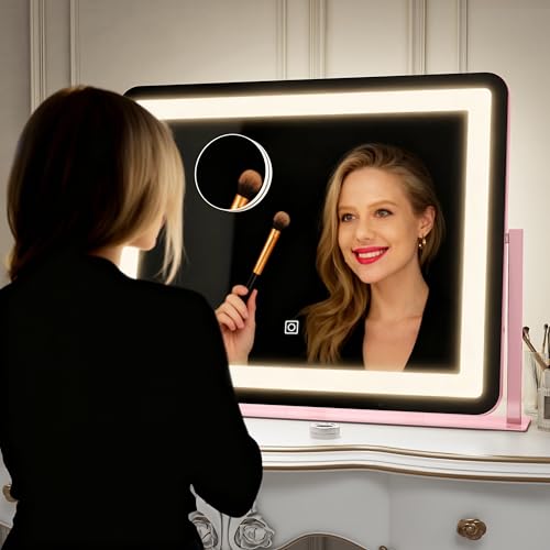 Image of ROLOVE 22x16 Inch Pink Vanity Mirror with Lights,Dimmable LED Lights,3 Color Modes, Smart Touch Control,10X Magnification,Light up Makeup Mirror for Desk, Gift for Teen Girls