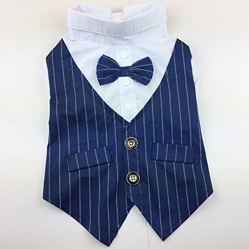 Gentleman Dog Stripe Shirt Puppy Pet Small Dog Clothes Pet Suit Bow Tie Costume Dog Prince Wedding Bow Tie Suit,Blue,L