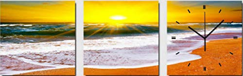 Wall Art Simple Modern 3 Piece Wall Clock - Square Home Decoration Canvas Framed Art - Beach Themed Painting with Sunset for Living Room (12" x 12")