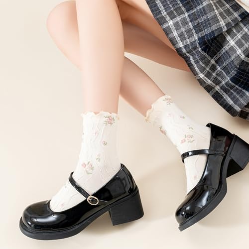 Image of Womens Ruffle Crew Socks Vintage Patterned Ankle Casual Fashion Dress Sock Cute Lettuce Floral Socks 5 /6 Pack
