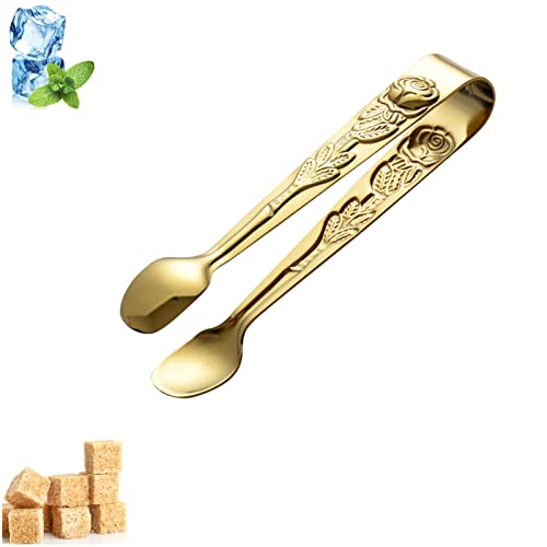 Mini Serving Tongs, 4Inch Rose Pattern Stainless Steel Sugar Cube Tongs, Sliver Small Ice Tongs for Tea and Coffee Party (Gold)