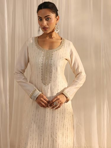 Image of Libas Womens Embellished Silk Blend Straight Kurta With Palazzos and Dupatta
