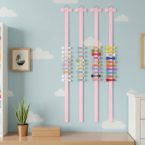 6STK Rosa Haarspangen Aufbewahrung Mädchen 96x2cm Schleife Hängender Haarschmuck Haarklammer Haargummis Und Spangen Organizer Stirnbandhalter Wand, Praktische Platzsparender Halter Für Haaraccessoires