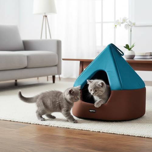 Image of Amazon Basics Pet Bed Cave | Soft & Warm Indoor Tent Bed for Cats, Kittens & Small Dogs | Foldable with Removable Cushion | Light Blue & Coffee | Diameter 45 cm, Height 45 cm