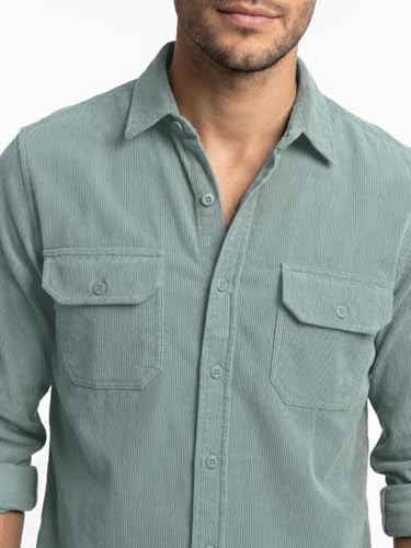 Image of Urbano Fashion Men's Corduroy Full Sleeve Regular Fit Solid Overshirt with Utility Pockets