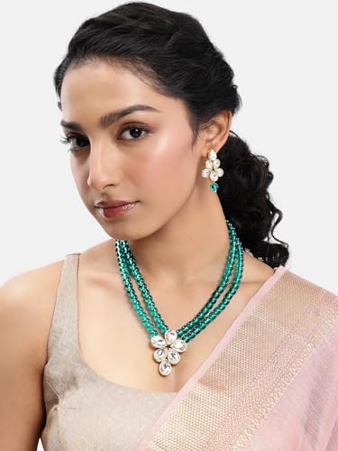 Image of Peora Crystal Faux Pearl Kundan Necklace & Jewellery Set Gift for Women