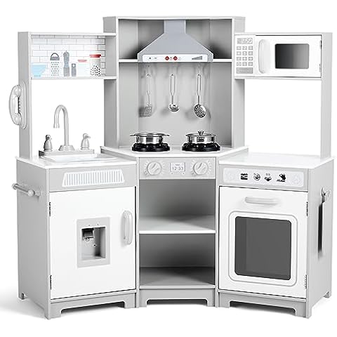 JOYLDIAS Kids Play Kitchen,Corner Wooden Pretend Toddler Kitchen Toys Playset, Realistic Lights & Sounds,Microwave Oven,Water Dispenser, Phone, Sink,Cooking Accessories, for Toddlers Ages 3+, White Cover