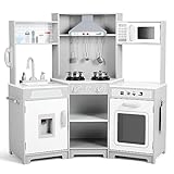 JOYLDIAS Kids Play Kitchen,Corner Wooden Pretend Toddler Kitchen Toys Playset with Realistic Lights & Sounds,Microwave Oven,Water Dispenser, Phone, Sink,Cooking Accessories, for Ages 3+, White