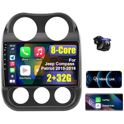 2+32G 8 Core Android Car Stereo for Jeep Compass Patriot 2010 2011 2012 2013 2014 2015 2016 with Wireless CarPlay/Android Auto, 10.1'' HD Touchscreen Car Radio with AM/FM/RDS/SWC Backup Camera WiFi Cover