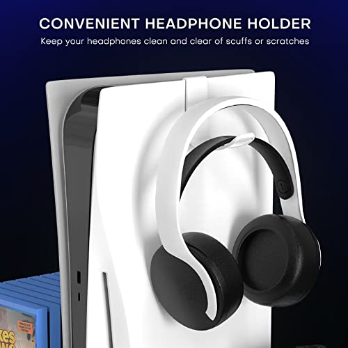 PS5 Ständer mit Ventilator, PS5 Standfuß mit Dual Controller Ladestation für PS5 Console, PS5 Zubehörhalterung mit Kühlung, Dual Controller Ladestation, Headset Halterung, 15 Spiele Aufbewahrung, Weiß - Image 7