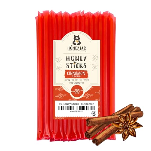 The Honey Jar Cinnamon Flavored Honey Sticks - Pure Honey Straws For Tea, Coffee, Or A Healthy Treat - One Teaspoon Of Flavored Honey Per Stick - Made In The Usa With Real Honey - (50 Count)