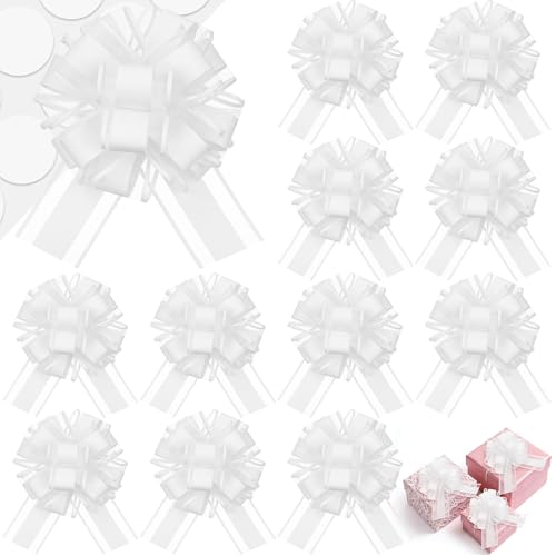 HairChrysm 12 PCS 6 White Gift Bows Large Bows for Gift Wrapping Ribbon Big Pull Bows for Present Christmas Wedding Baskets Valentine Flower Holiday Decoration