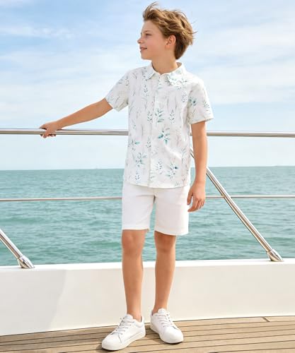 Image of uideazone Boys Size 7-8 Watercolor Botanical Button Down Shirts - Kids Green Leaf Print Short Sleeve Casual Shirt Minimalist Floral Shirt Perfect for School,Family Gathering,Spring Outdoor Activities