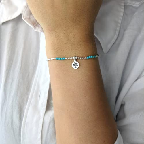Silverly Sterling Silver Turquoise Bead Bracelet With Engraved Tree Charm - Small Ball Beaded Elastic Bracelet in 925 Silver - Stacker Jewelry for Women - Blue Gemstone Stretch Friendship Bracelets3