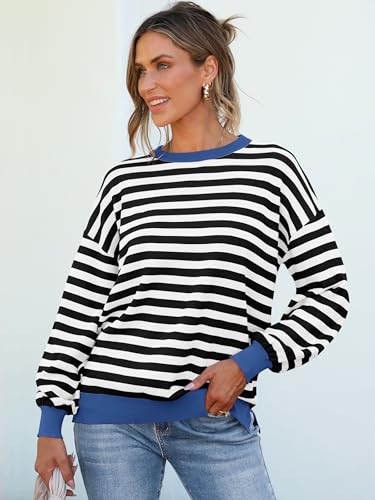 ANRABESS Womens Oversized Striped Sweaters Long Sleeve Crewneck Casual Side Slit Pullover Tops 2025 Fall Trendy Outfits3