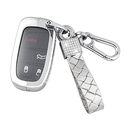 Carfib For Jeep Accessories Cherokee Grand Cherokee Compass Charger Chrysler Dodge Challenger Durango Journey Renegade Ram Bling Key Fob Cover Case Holder 2020 2021 2022 Car Remote Key Chain Ring Women Men Tpu Silver #TOP27