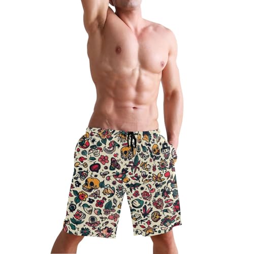 Quick Dry Retro Tattoo Men's Swimming Shorts Swim Trunks with Mesh Lining Beach Wear - S4