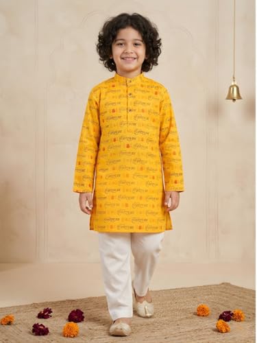 Image of AJ DEZINES Boys Cotton Full Sleeve Letter Printed Kurta Pajama Set for Kids - Ethnic wear | Special Occasion & Traditional Outfit |Boys Kurta Set - Regular Fit