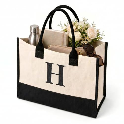 Image of Salt Earth Canvas Tote Bag for Women, Personalized Initial Monogram Tote, Beach Grocery Utility Tote for Travel & Work