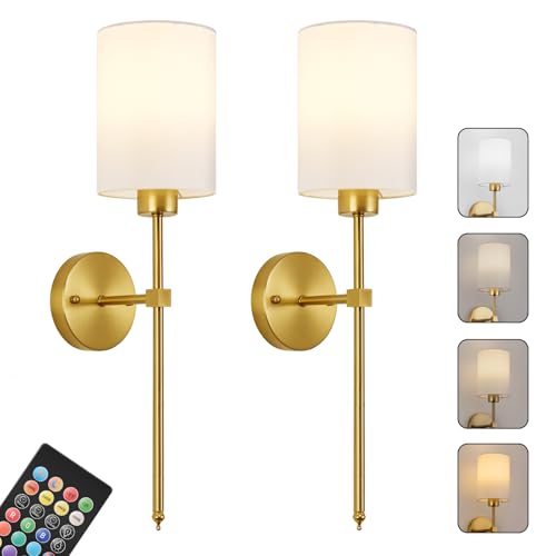 Image of Battery Operated Wall Sconce Set of Two,Wireless Rechargeable Wall Light With Remote Control, Dimmable, 1800K /3000K /4000K /6000K /RGB, Timer, for Living Room, Bedroom, Fireplace, TV, 26.8 Inch, Gold