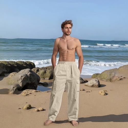 Cargo Linen Pants Men Drawstring Elastic Waist Baggy Summer Pants Lightweight Beach Yoga Lounge Pant with Pockets3