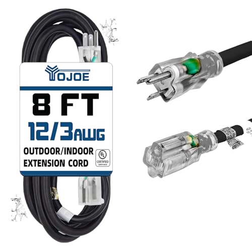YOJOE Indoor Outdoor Extension Cord with Lighted End, 3 Prong 15A Weatherproof Power Cord, 12 Gauge Heavy Duty 8 ft Black Extension Cord for Garage, Garden and Home, 12/3 SJTW UL Listed