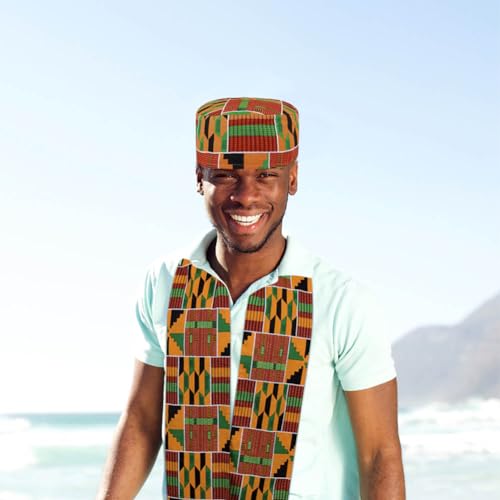 BAOZOON 2 Pcs African Kente Pattern Kufi Hat and Kente African Print Stole Sash Shawl for Black African History Men Women Kid3