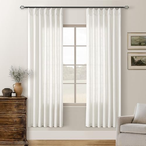 Image of TWODRAPES 72 Inch Linen Curtains Pinch Pleated 2 Panels for Dining Room Bedroom Semi Sheer Pleat Drapes with Hooks Rings Light Filtering Short Window Curtain Cabit Closet Beige Ivory White 40x72