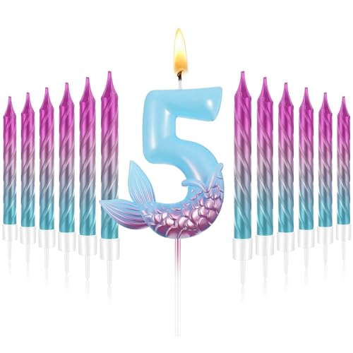 MTLEE 13 Pcs Birthday Candles Set 1 Mermaid with 12 Rainbow Spiral Candles Mermaid Theme Birthday Cake Toppers Decorations(Number 5)