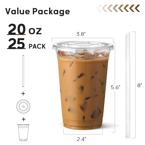 AOZITA 20 oz Plastic Cups with Lids and Straws, 25 Pack, Disposable Iced Coffee Cups with Lids, Clear Cups with Lids for Cold Drinks, Iced Tea, Milkshakes, Smoothies - Durable & BPA Free