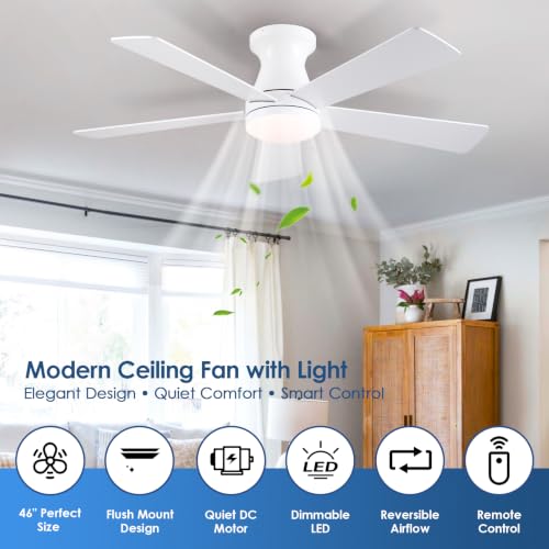 Image of Mpayel 46'' White Low Profile Ceiling Fan with Light and Remote Flush Mount