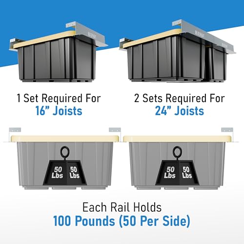 Image of USA Based Overhead Garage Storage Rack, Connectable Heavy Duty Metal Ceiling Rails Garage Storage Organization Shelving System, Hanging Racks Tote Containers, Supports Up To 6 Bins, 4 Sets Gray