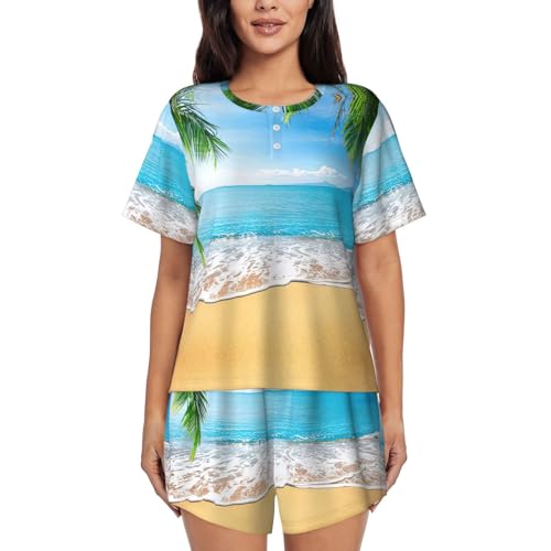 Pyjama 2 pièces manches courtes femme à motif mer et feuilles de palmier