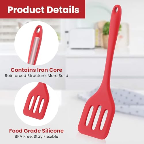 Image of Baskety Silicone Turner Spatula /Slotted Spatula, High Heat Resistant to 480F, Hygienic One Piece Design, Non Stick Rubber Kitchen Utensil for Fish, Eggs, Pancakes, Wok Red Pack of 1