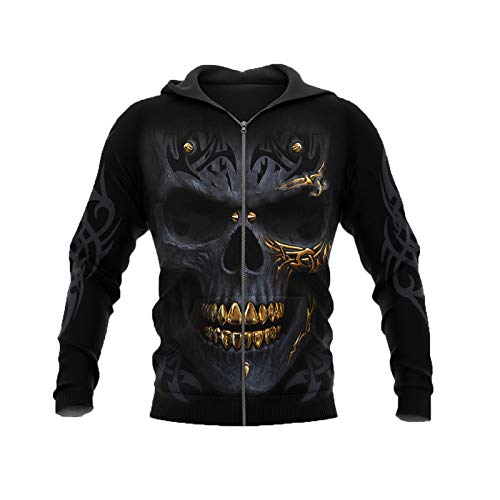 Harajuku Sweat à capuche avec imprimé tête de mort 3D pour homme et femme Noir, Sweat à capuche zippé 3D, L