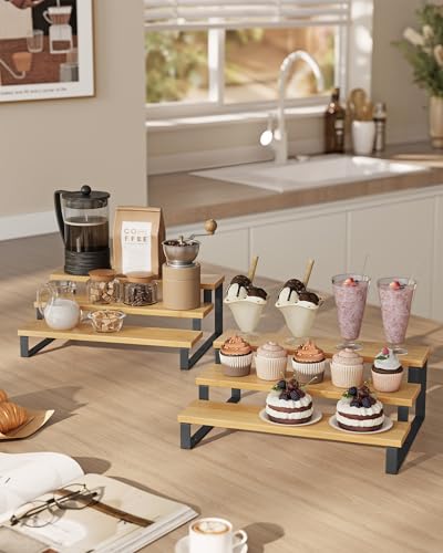 Image of SONGMICS Display Risers, Set of 2 Engineered Wood Perfume Organizer Stand, 3-Tier Cupcake Stand Holder, Spice Rack, Shelf Risers for Figures, Dessert Shelves, Natural Beige and Ink Black UKCS016N01