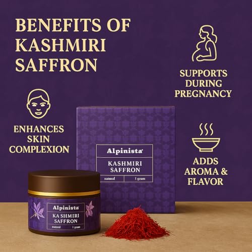 Image of Alpinista Original Kashmiri Saffron / Kungumapoo, Kesar (Grade A+++) Kumkuma Puvvu For Pregnant Women /Cooking /Skin /Pooja Tilak Pack of 3, (3 X 1g), 3 gram