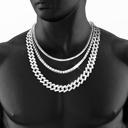 HH BLING EMPIRE Gold Silver Chain Necklace for Men Women Iced Out Diamond Tennis and Cuban Link Chain Necklaces Hip Hop Jewelry Sets 3Pc 18/20/24 Inch (Set D-Silver)